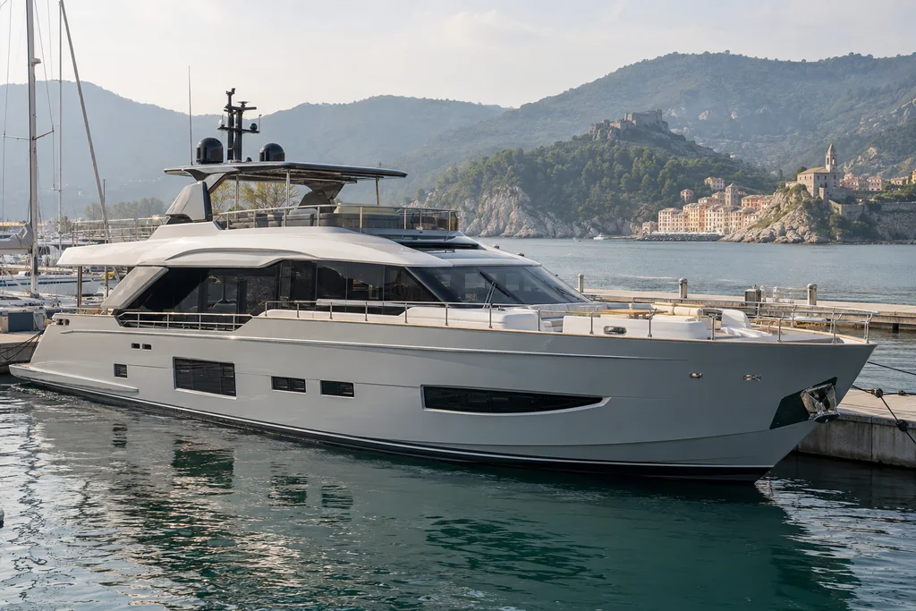 Yacht moderno in un porto vicino a La Spezia