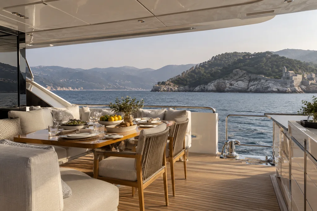 Zona pranzo ombreggiata a bordo di uno yacht davanti alla costa di La Spezia