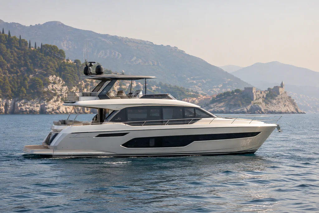 Yacht a motore visto dal mare vicino a La Spezia