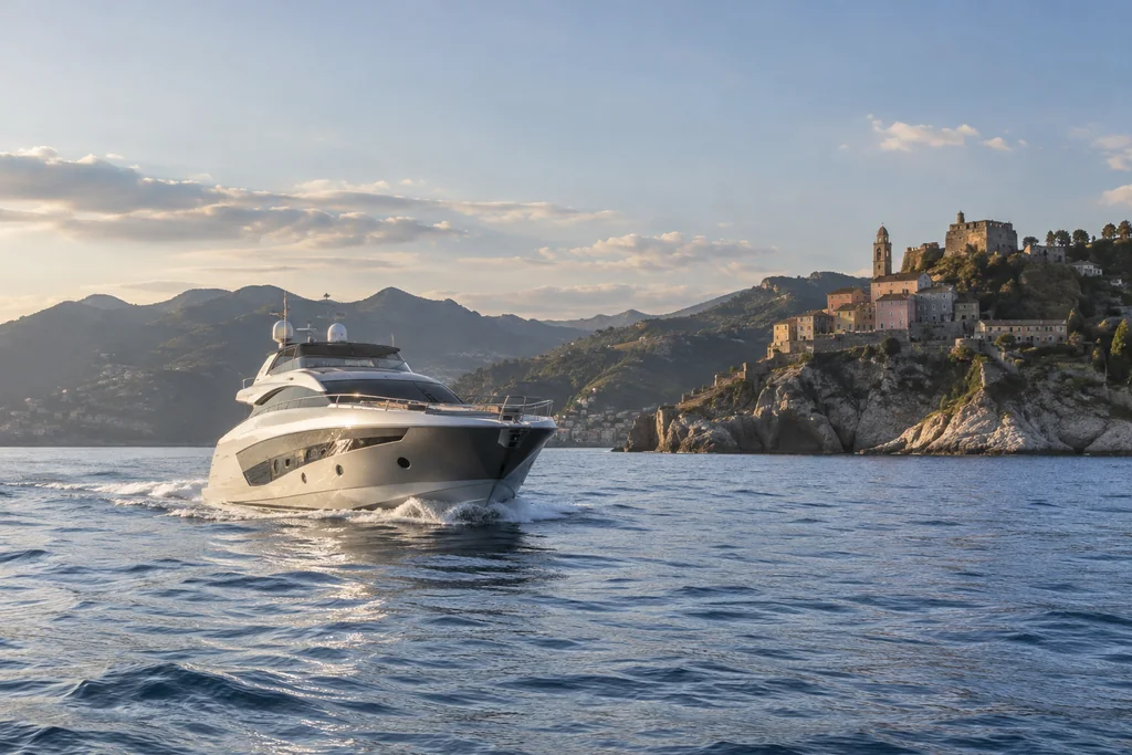 Yacht a motore davanti alla costa di La Spezia, visto dal mare