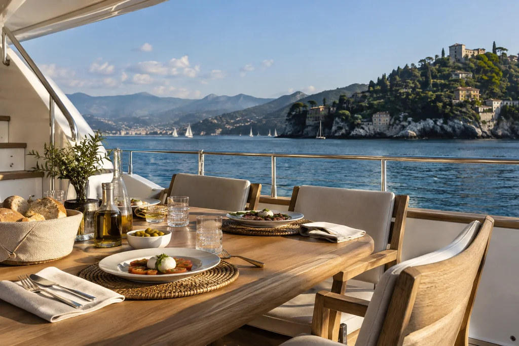 Tavola apparecchiata per un pranzo mediterraneo sul ponte di uno yacht
