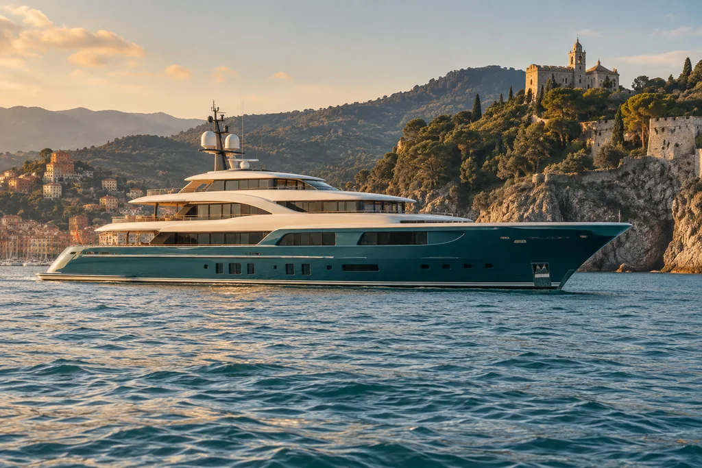 A large unbranded motor yacht viewed from the water near La Spezia
