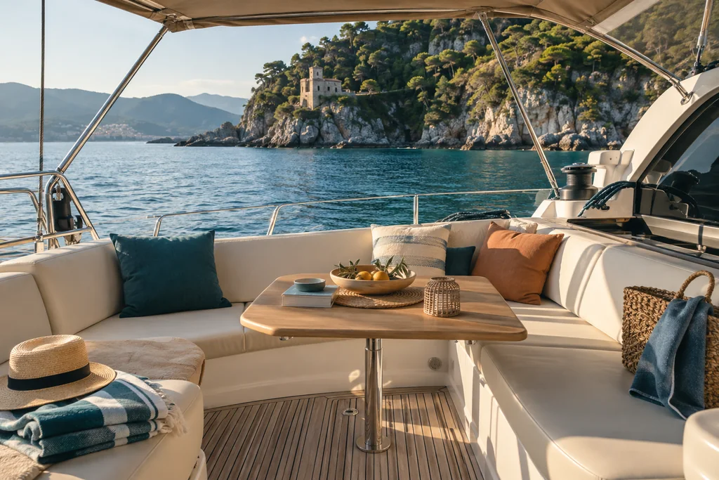 A sheltered unbranded yacht cockpit prepared for a small family near La Spezia
