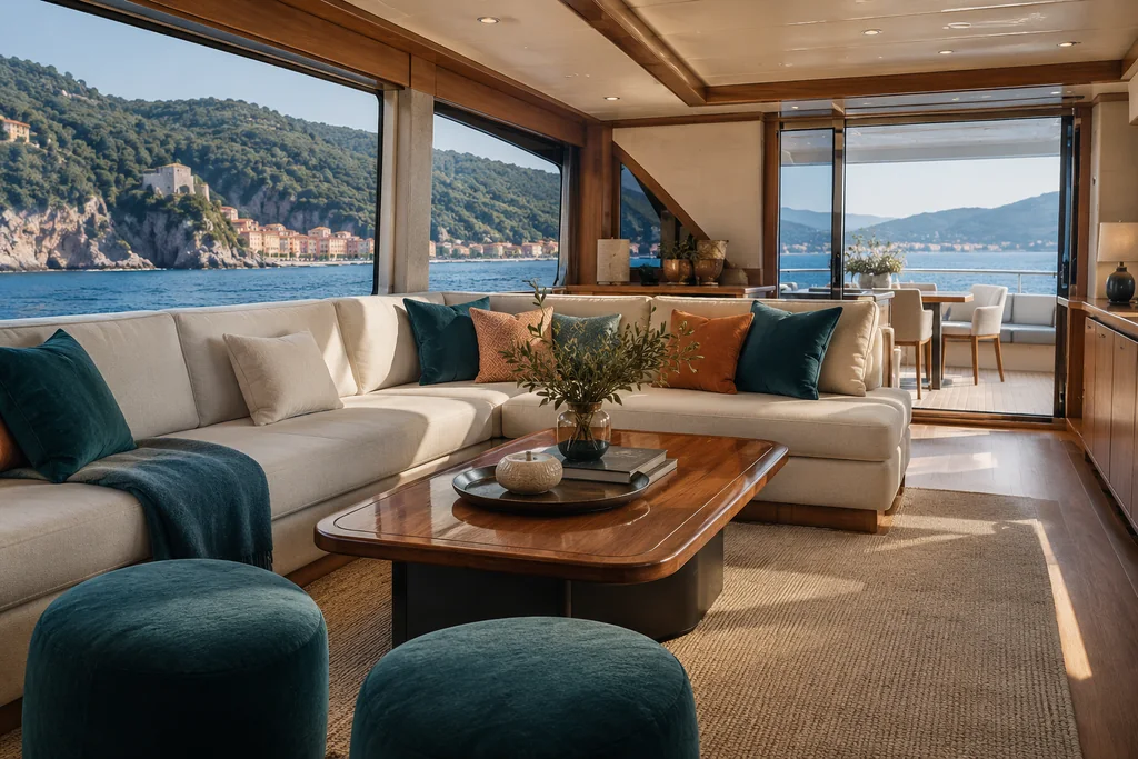 A refined unbranded private yacht saloon with a comfortable seating group near La Spezia